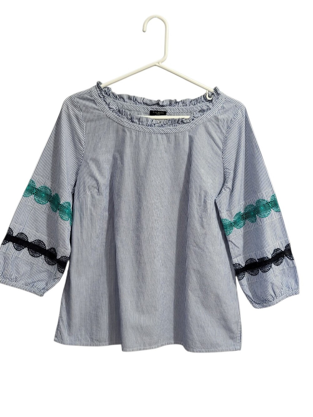 Talbots Blouse Sz PM 100% Cotton Blue White Stripes Embroidered Sleeves Nautical